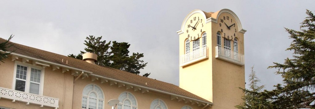 Skeletal marker silhouette clock tower clocks restoration by Lumichron. Renovation of the tower clocks at Tamalpais High School in Mill Valley, California. Set of 3, skeletal clocks, each 8' diameter.