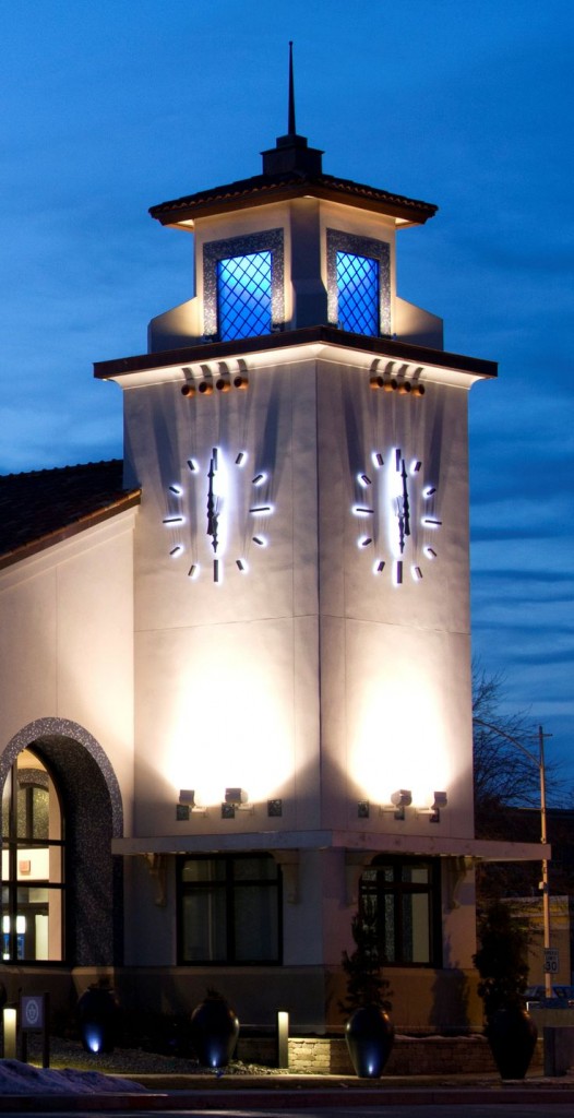 Skeletal marker silhouette illuminated clock tower bank clock by Lumichron