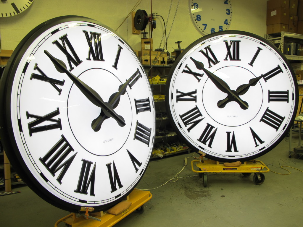 Inset canister illuminated GPS automatic Roman 84-inch clocks by Lumichron