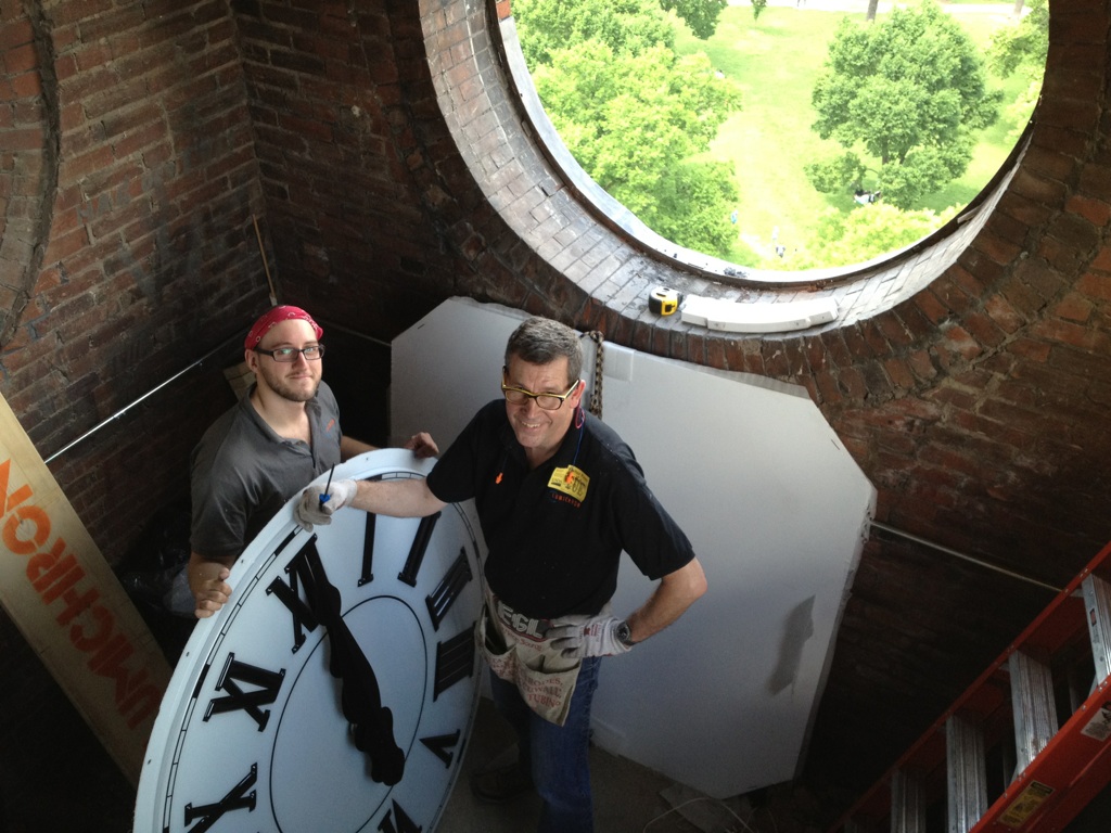 Ian Macartney (R) and Dustin Matthews (L) of LUMICHRON inside the monument clock tower.