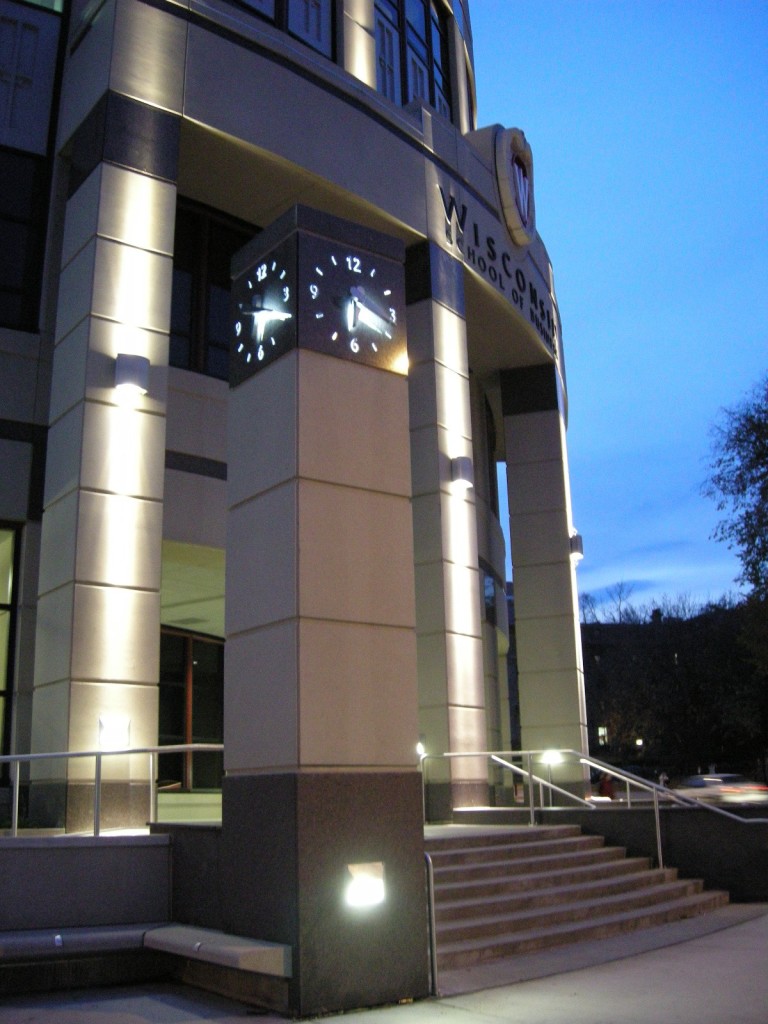 Skeletal Marker silhouette illuminated tower clock by Lumichron Grainger Hall University of Wisconsin Madison