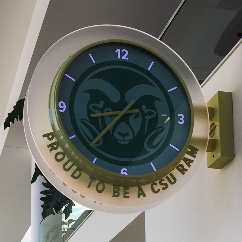 bracket clock with custom CSU Rams text and logo
