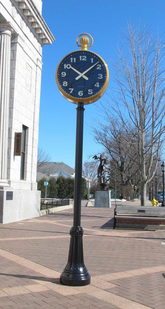 Downtown tree-lined Post Street Streetscape clock 30-inch with gold pocket watch winder crown illuminated fully automatic by Lumichron