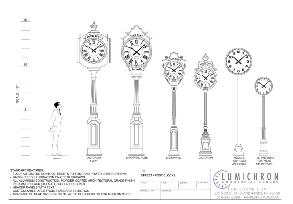 Post Clock Drawing by Lumichron Commercial Clocks