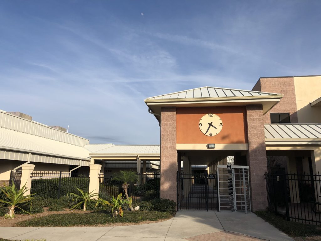 The entrance to the GT Bray Recreation Center in Bradenton Florida features a Lumichron Commercial Clock