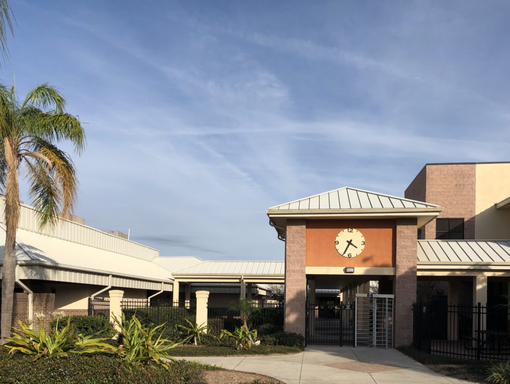 The entrance to the GT Bray Recreation Center in Bradenton Florida features a Lumichron Commercial Clock