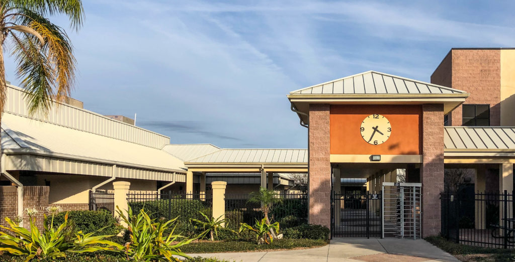 The entrance to the GT Bray Recreation Center in Bradenton Florida features a Lumichron Commercial Clock