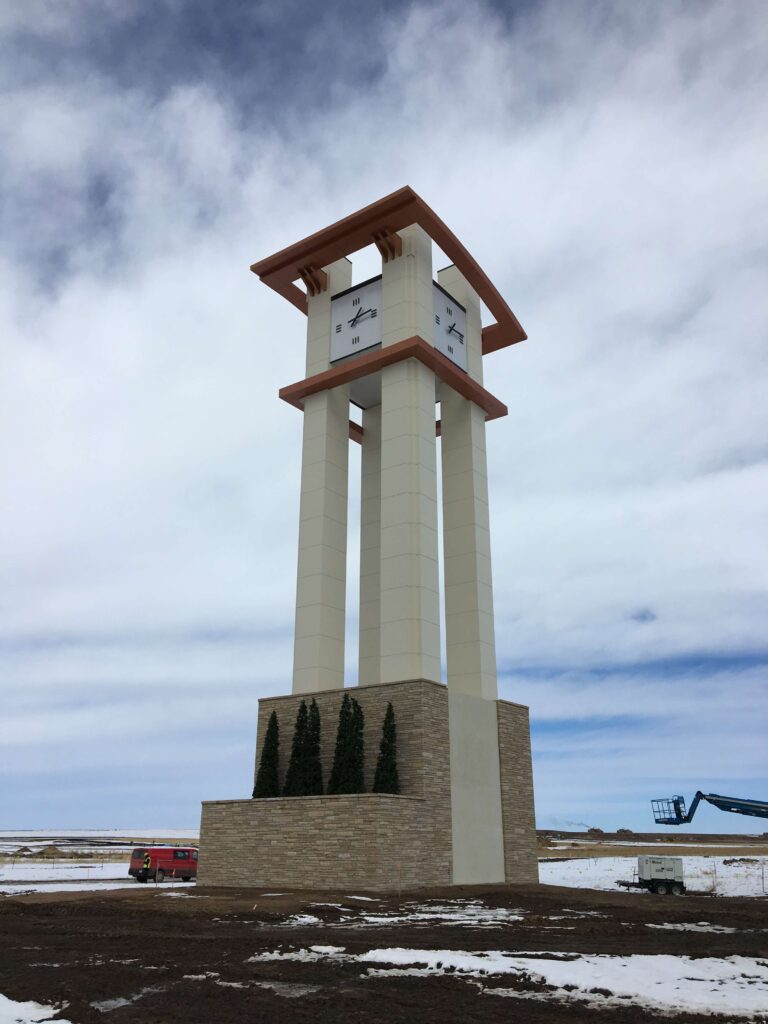 Completed Tower Clock at the entrance of the Aurora Highlands development. 110' high tower, visible from I470 and from the Denver International Airport.
