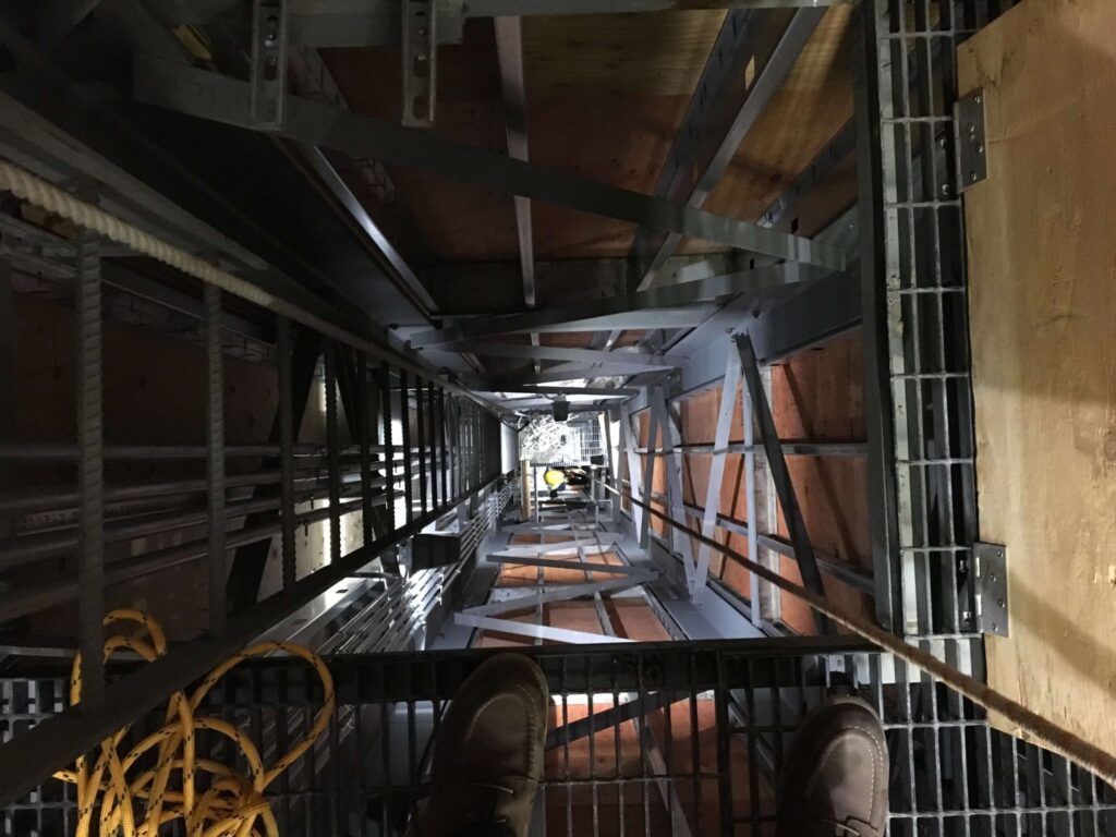 A view from inside one of the legs of the Aurora Highlands Tower Clock.
