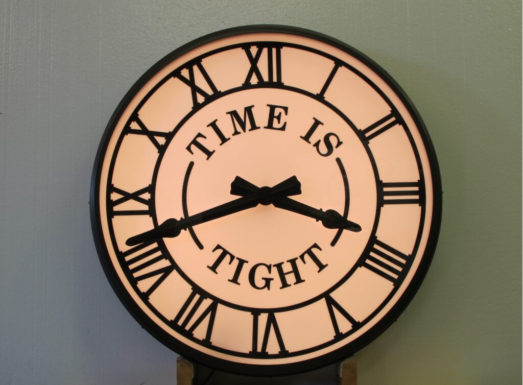 This is a custom LUMICHRON clock built for a residence in Detroit Michigan in October 2019. It features a Roman Dial with a custom message ‘Time is Tight’. And isn’t that the truth?!  