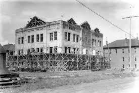 Construction of the Fergus County Courthouse, Lewistown, Montana.  View from the corner of Main Street and 7th Avenue South. It was built in 1909. 