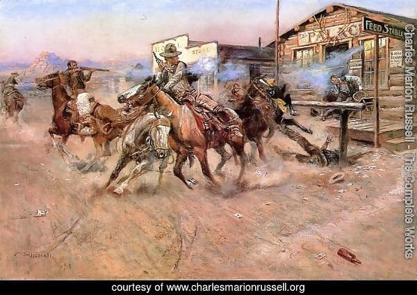 https://www.charlesmarionrussell.org/Smoke-Of-A-.45.html
This is a Charlie Russell Painting called Smoke of A. Guns, Cowboys, Horses, a Saloon and A Shoot Out. to illustrate the Wild West.