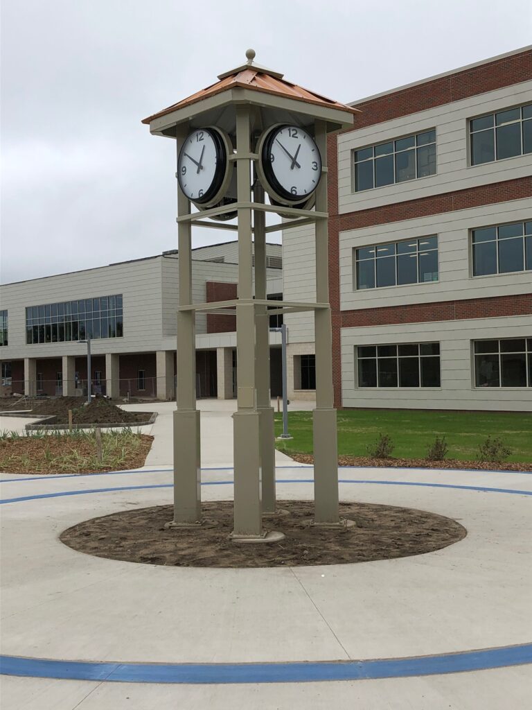 Portage High School, Portage Michigan 2020 Clock Tower, 4 36-inch diameter clocks on an Icon Shelters Clock Tower