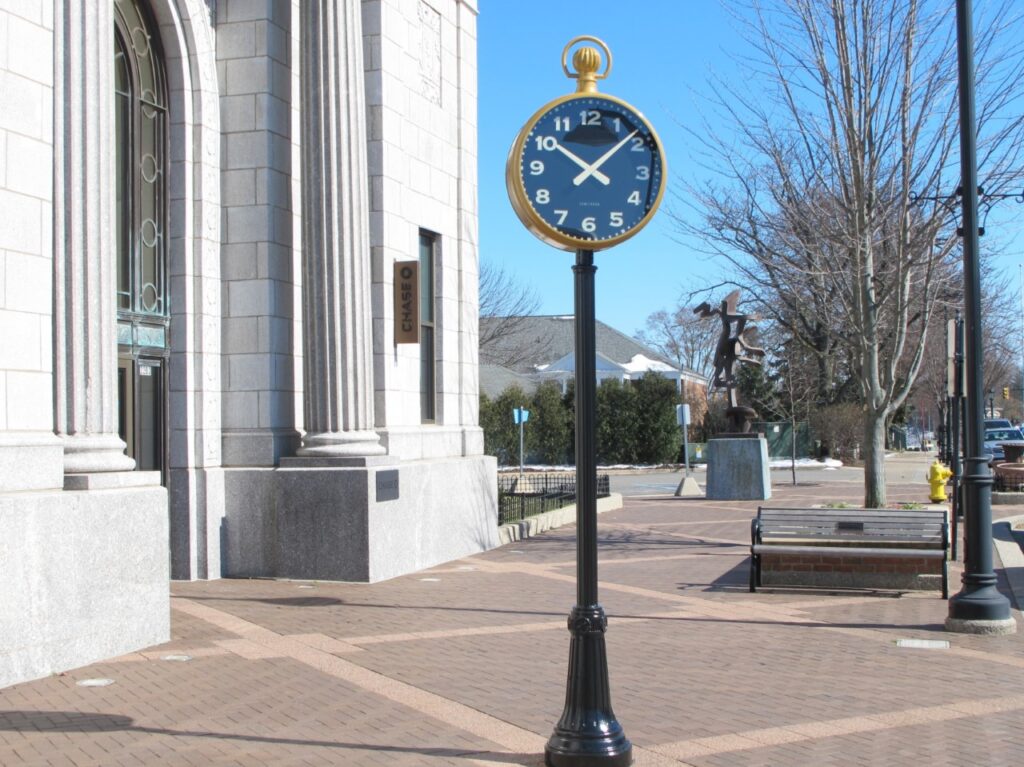 Lumichron street clock, illuminated  outdoor post clock, Lumichron 2-sided post clock, Lumichron clock design for a custom street clock
