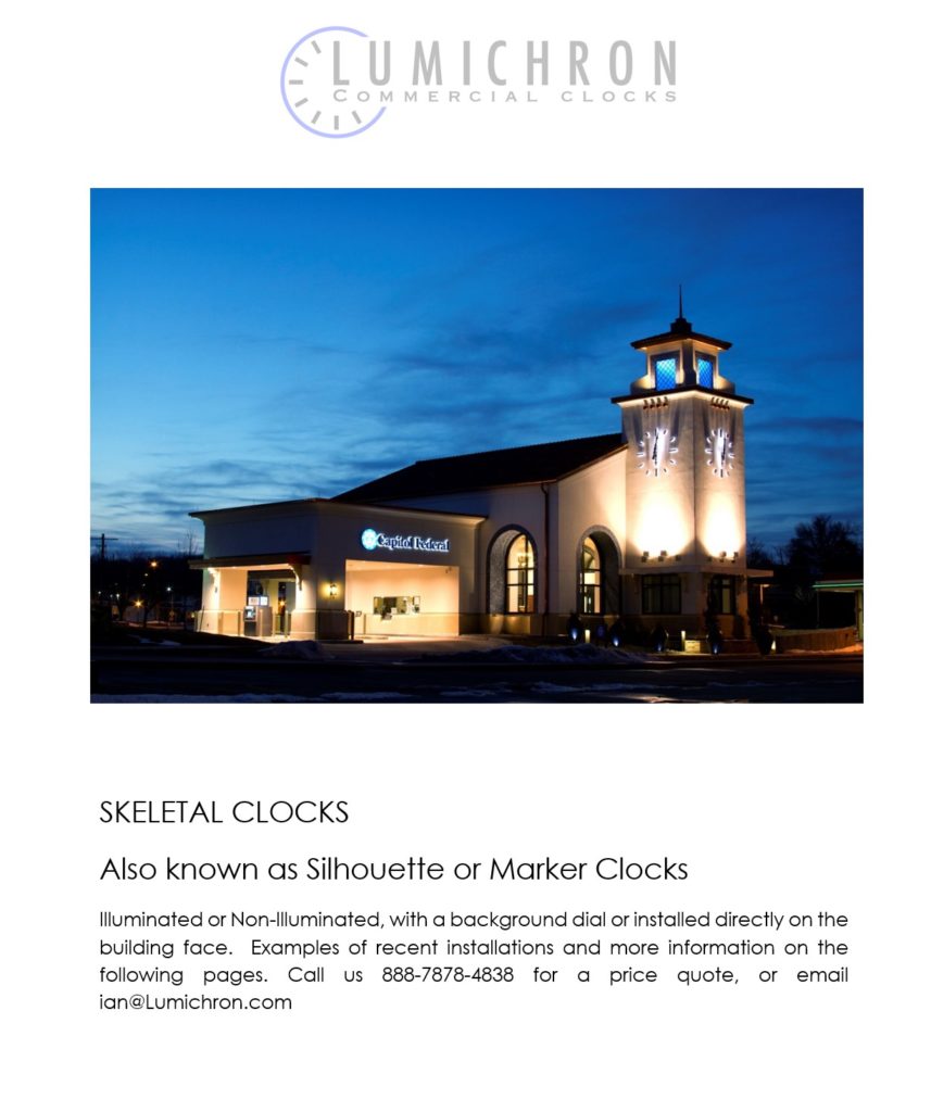 A brochure of illuminated skeletal clock, marker or silhouette clock leaflet showing examples, references, projects, and details and specifications about lumichron skeletal style clocks