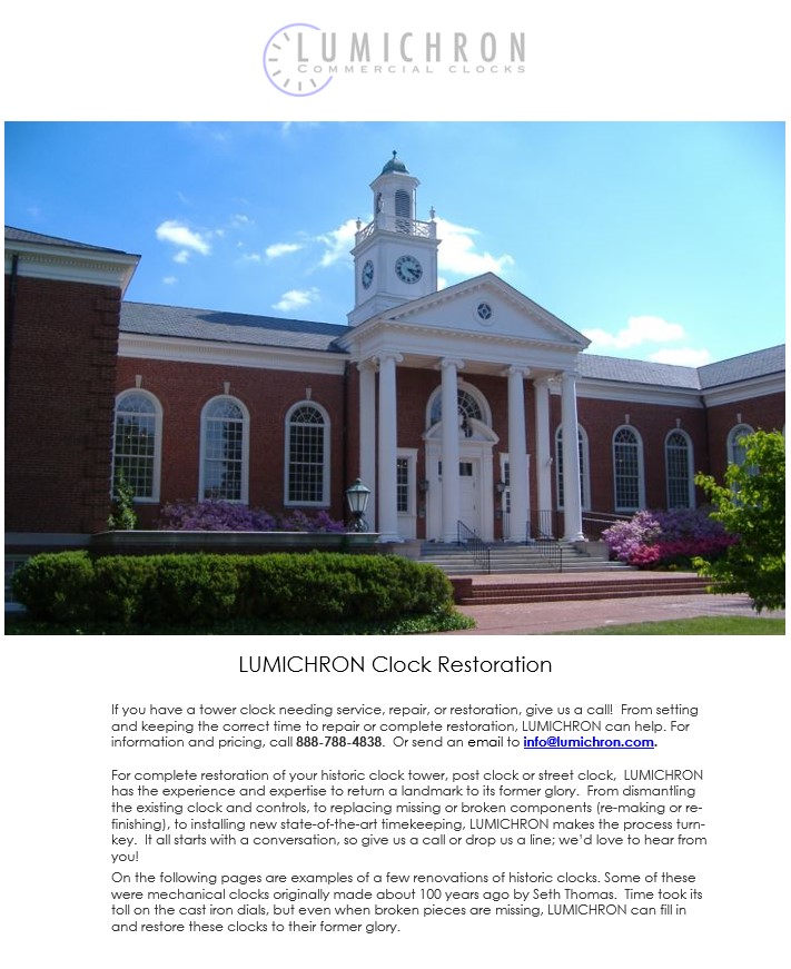 A brochure of Lumichron references and examples of historic clock restoration, renovation, clock repair, clockhistoric clock, lancaster hall clock tower, longwood university clock tower, seth thomas clock, tower clock restoration, tower clock renovation